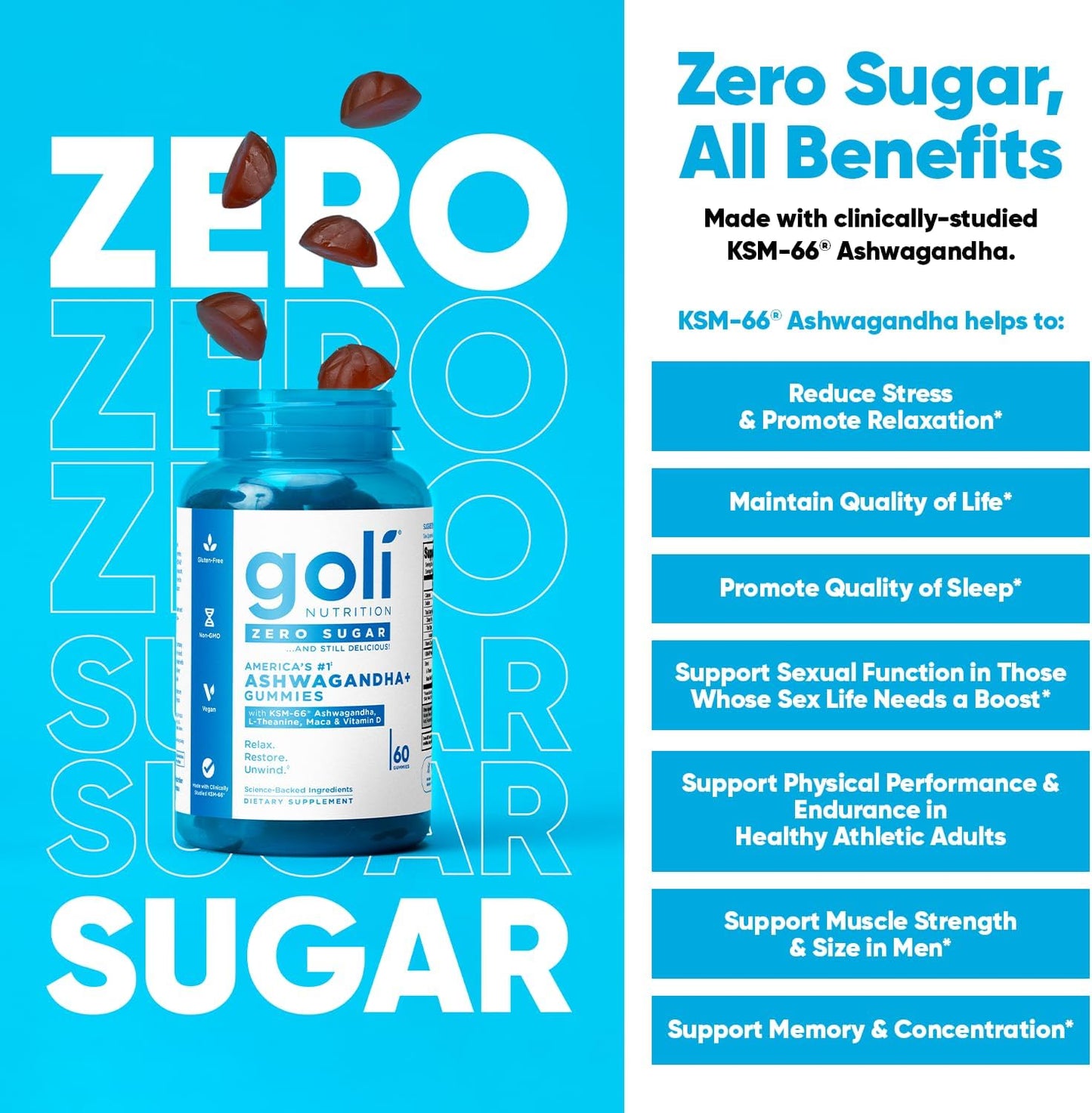 Goli Nutrition Ashwagandha+ Zero Sugar, 60 Gummies