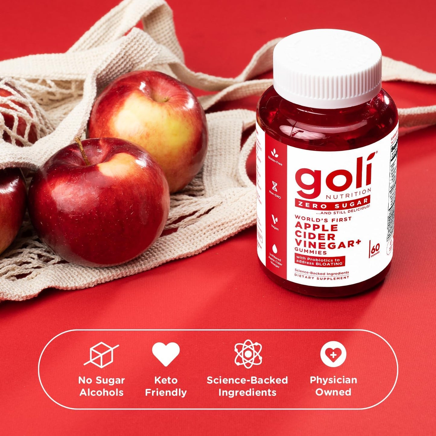 Goli Nutrition Apple Cider Vinegar+ Zero Sugar, 60 Gummies