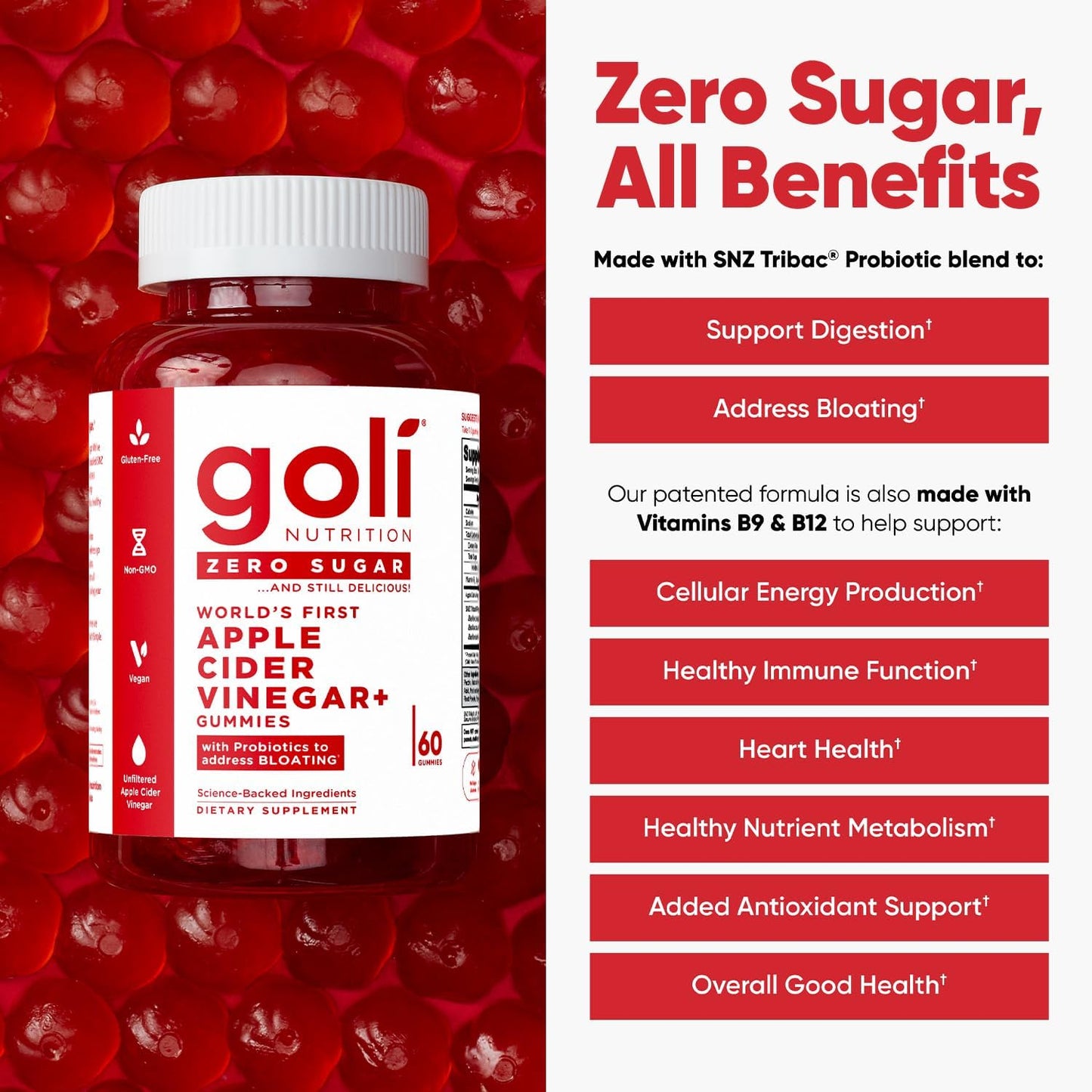 Goli Nutrition Apple Cider Vinegar+ Zero Sugar, 60 Gummies