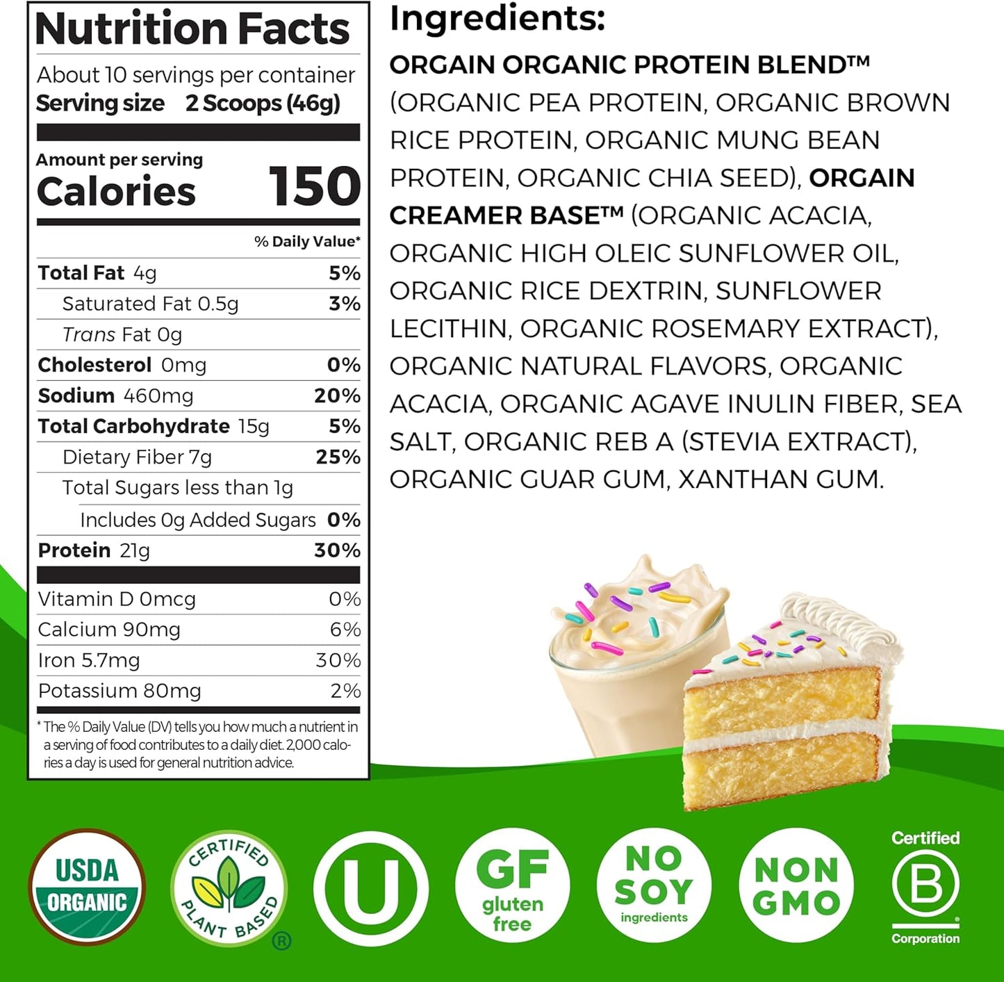 Orgain Organic Birthday Cake Protein Powder 462g