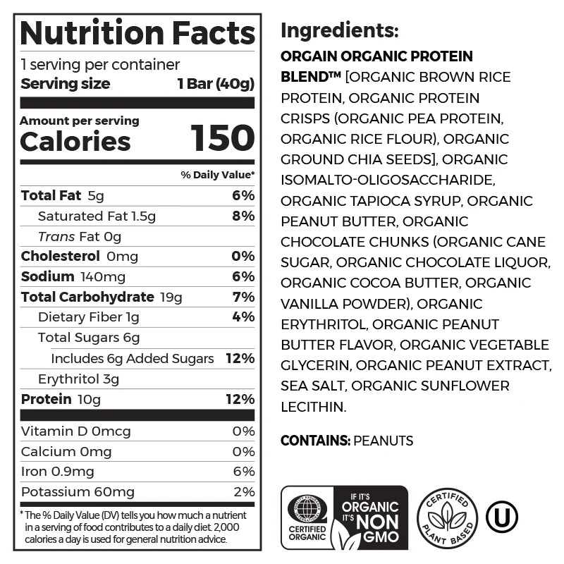 Orgain Vegan Protein Snack Bar, Peanut Butter Chocolate Chunk 40g