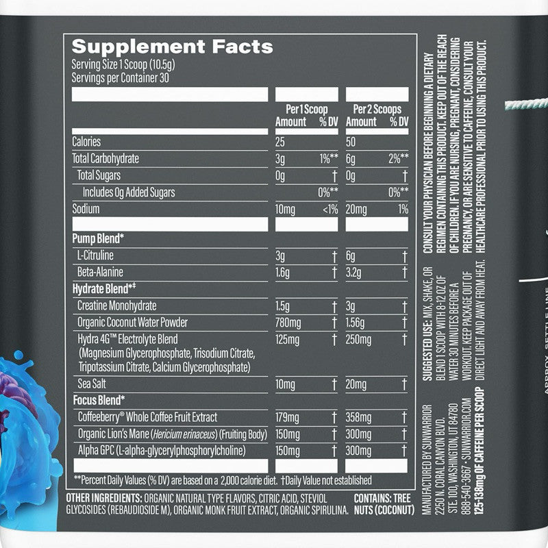 Sunwarrior Active Pre-Workout, Blue Raspberry Pineapple 315g