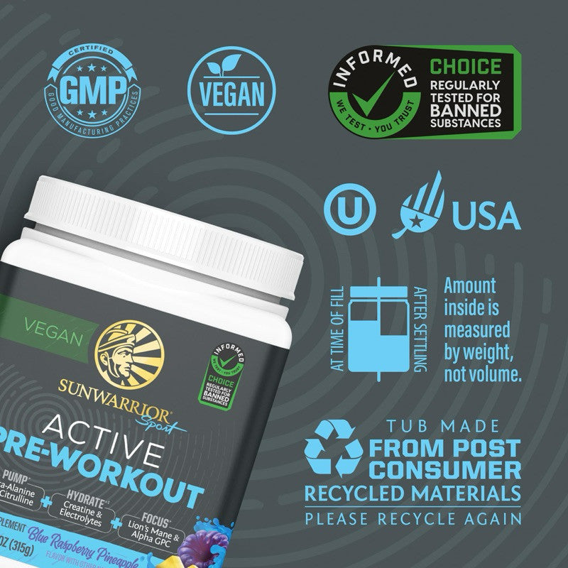 Sunwarrior Active Pre-Workout, Blue Raspberry Pineapple 315g