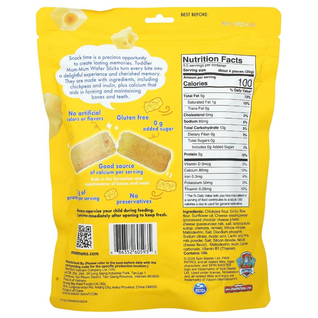 Hot Kid Toddler Mum-Mum Wafer Sticks, Paw Patrol White Cheddar Cheese, 14 Sticks, 70g