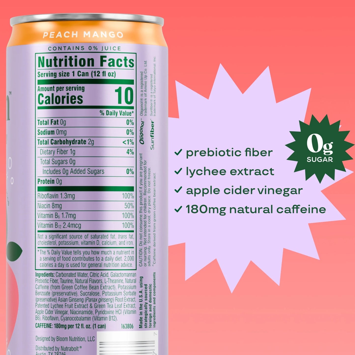 Bloom Peach Mango Sparkling Energy Drink 255ml