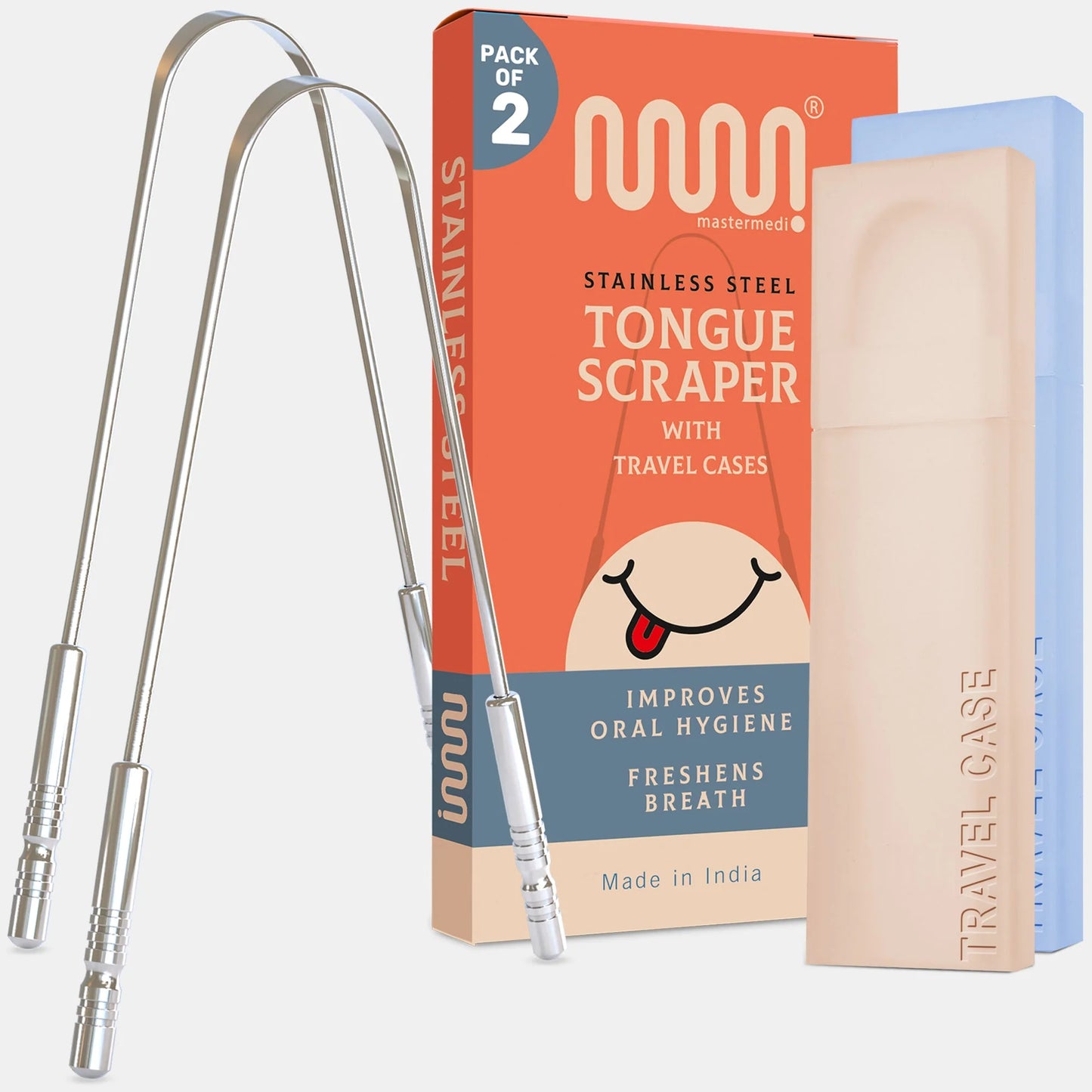 Mastermedi Stainless Steel Tongue Scraper w/ Travel Cases, Pack of 2
