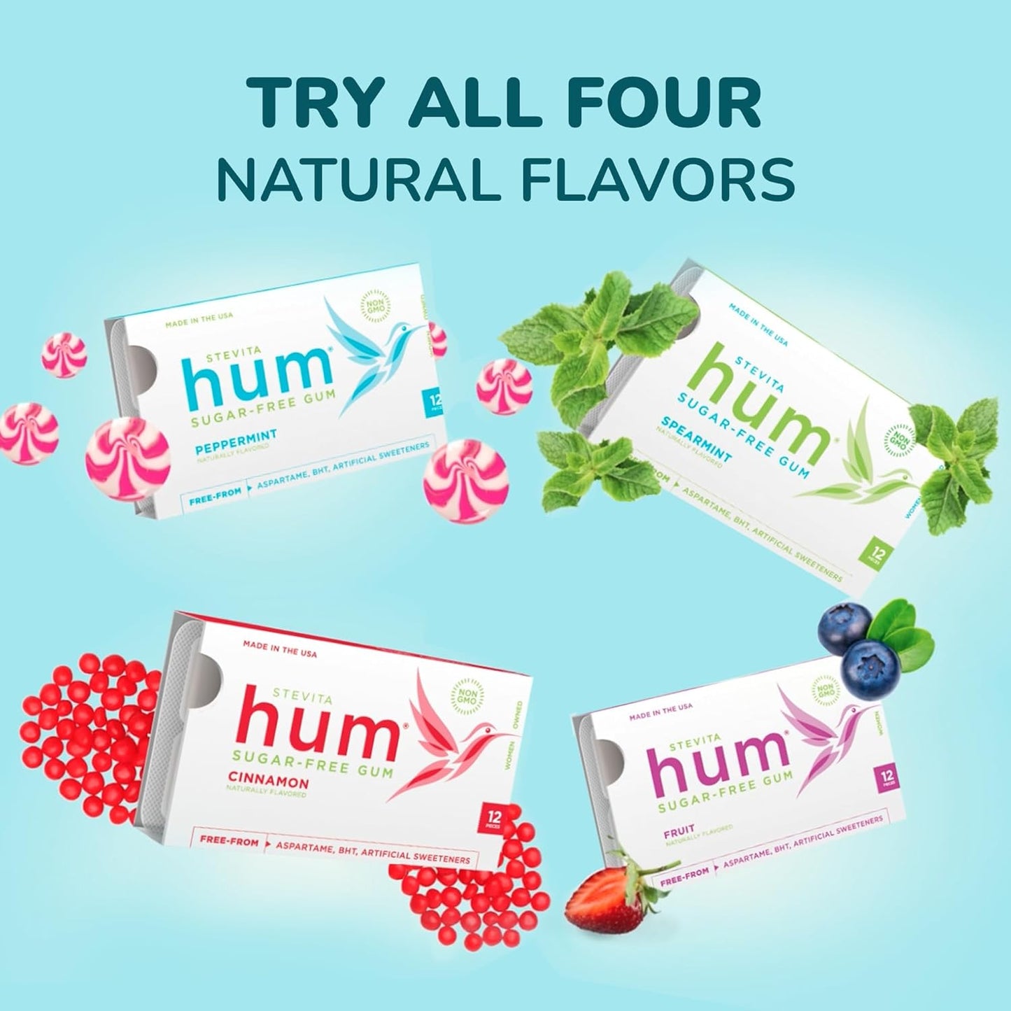 Stevita Hum Fruit Sugar-Free Gum, 12 Pieces