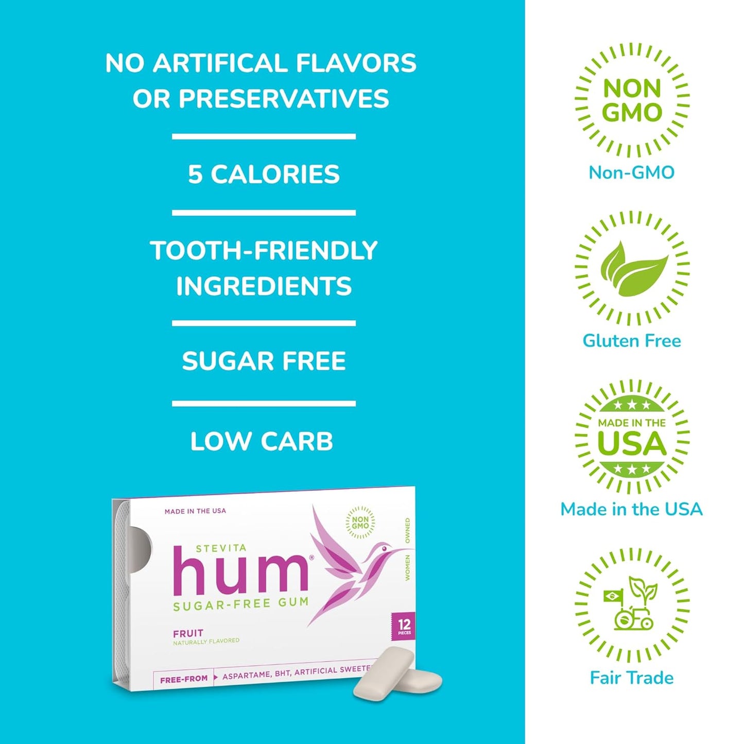 Stevita Hum Fruit Sugar-Free Gum, 12 Pieces