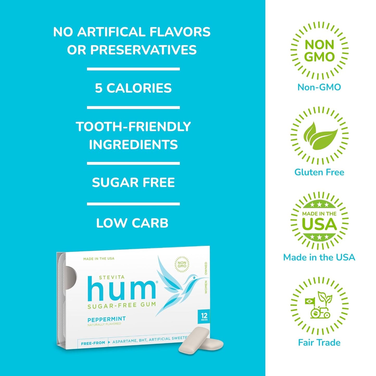 Stevita Hum Peppermint Sugar-Free Gum, 12 Pieces