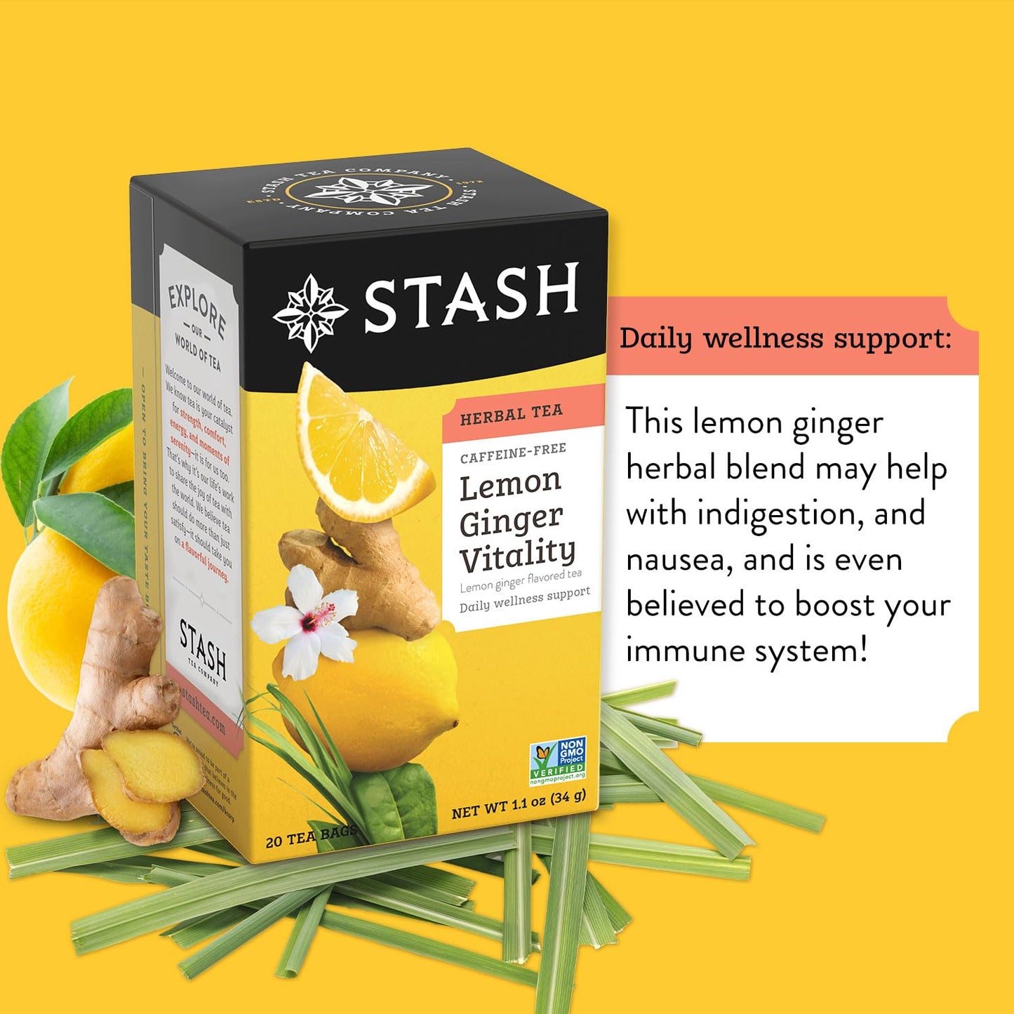 Stash Lemon Ginger Vitality Herbal Tea, 20 Tea Bags