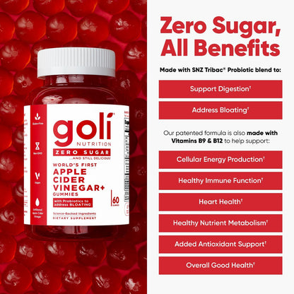 Goli Nutrition Apple Cider Vinegar+ Zero Sugar, 60 Gummies