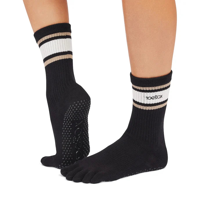 ToeSox Full Toe Crew Grip Socks Oat Stripe S
