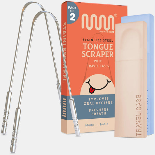 Mastermedi Stainless Steel Tongue Scraper w/ Travel Cases, Pack of 2